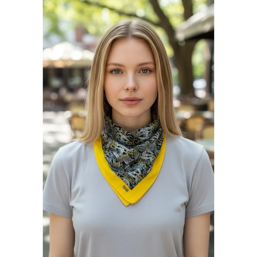 Gianfranco Ferre Scarf Womens O/S Black Yellow Square Satin Workers Union Print